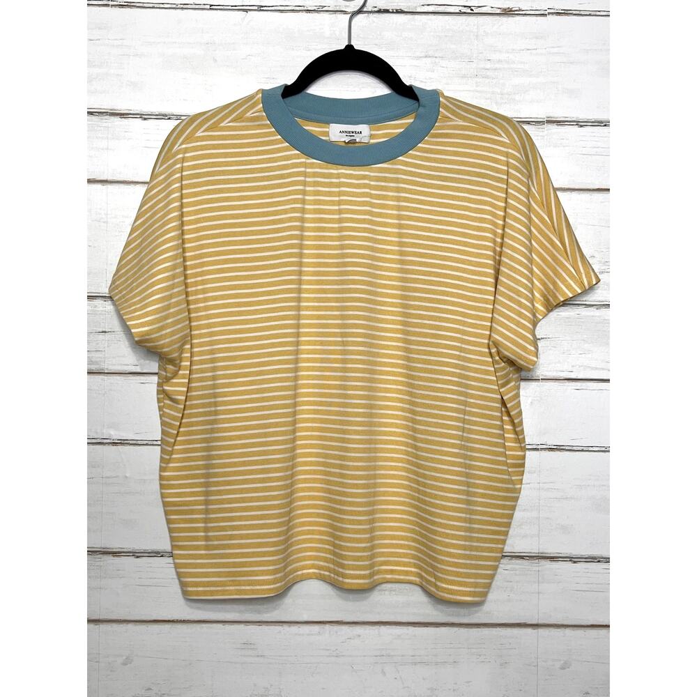 Anniewear Yellow White Stripe Lounge Small Blue Trim Pocket Shorts Matching Set - Picture 3 of 13
